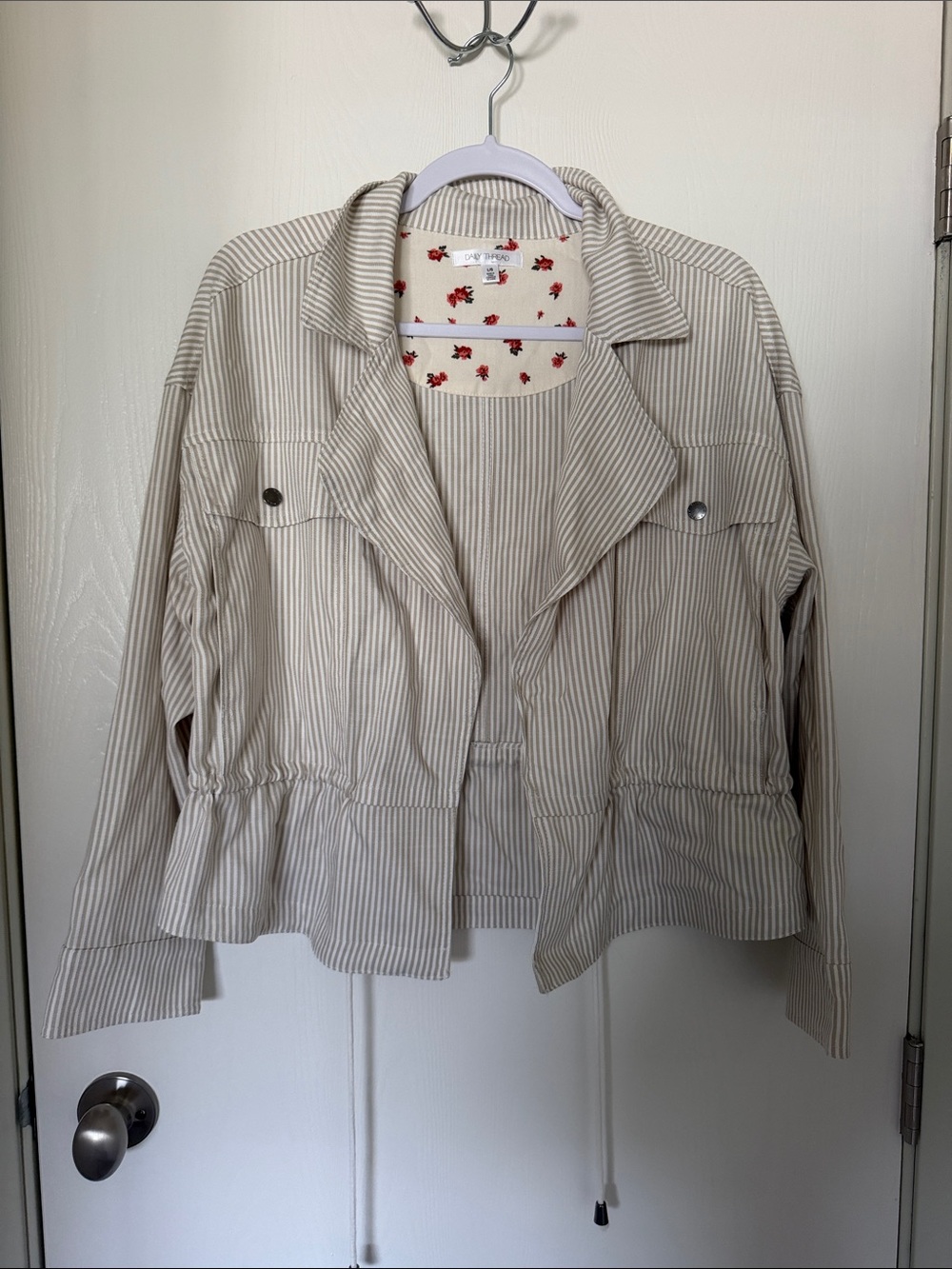 Daily Thread Beige & White Striped Jacket Drawstring Closure